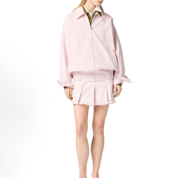 miu miu pink pointed collar embossed logo zip up casual jacket